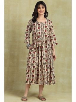 TAHILIYA - Beige Dabo Hand Block Printed A-Line Dress