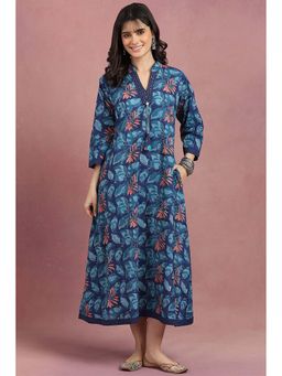 TAHILIYA - Blue Sanganeri Hand Block Printed A-Line Cotton Dress