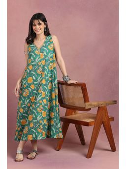 TAHILIYA - Green Sanganeri Hand Block Printed Sleeveless A-Line Dress