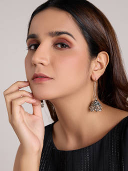 Azai by Nykaa Fashion - Silver Oxidised Self Intricate Pearl Dangler Jhumki Earrings