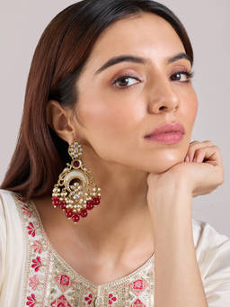 Azai by Nykaa Fashion - Red Kundan And Pearl Embellished Chaandbali Earrings