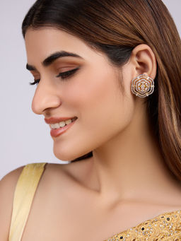 Azai by Nykaa Fashion - Gold and Silver American Diamond Studded Floral Stud Earrings