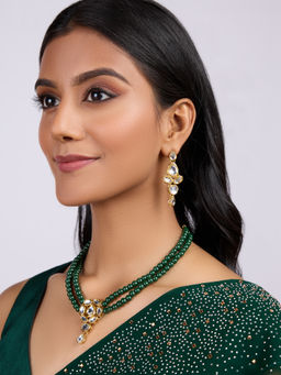 Azai by Nykaa Fashion - Green Double Line Beaded Floral Kundan Pendant Jewellery (Set of 2)