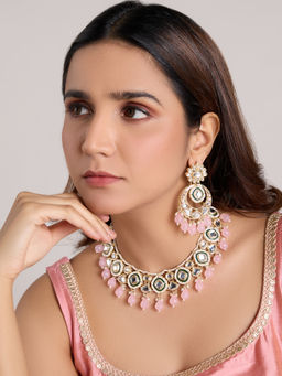 Azai by Nykaa Fashion - Pink Kundan Studded and Beaded Chandbali Earrings Jewellery (Set of 2)