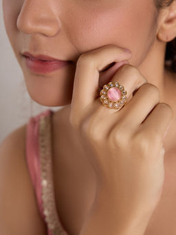 Azai by Nykaa Fashion - Gold and Pink Kundan Studded Floral Circular Ring