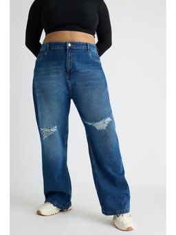 FREAKINS - Curve Vivid Blue Distressed Wide Jeans