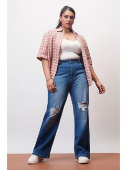 FREAKINS - Curve Everyday Blue Knee Distressed Wide Jeans