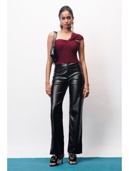 FREAKINS - Iconic Black Slit Hem Women Straight Leather Pant