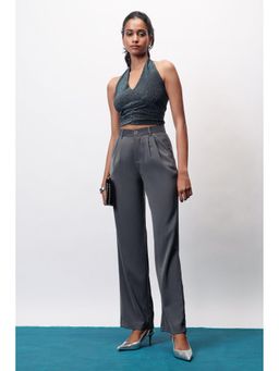 FREAKINS - Star Grey Double Pleated Women Wide Korean Pant