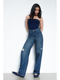 FREAKINS - Rich Blue Distressed Women Straight Jeans