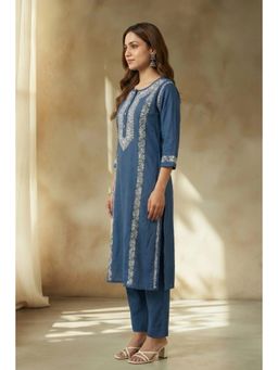 PANCHRANGA - Blue Azure Noor Chikankari Cotton Slub Kurta with Pant