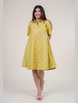 The Indian Ethnic Co. - Srisha Lime Green Printed Cotton A Line Dress