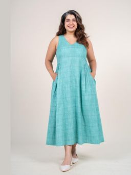 The Indian Ethnic Co. - Navira Aqua Green Printed Cotton A Line Dress