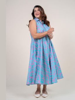 The Indian Ethnic Co. - Arya Aqua Blue Printed Cotton A Line Dress
