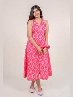 The Indian Ethnic Co. - Riva Bright Pink Printed Cotton A Line Dress
