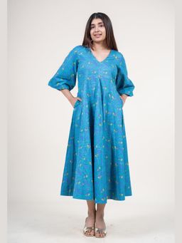 The Indian Ethnic Co. - Tanisha Ink Blue Printed Cotton A Line Dress