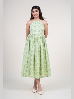 The Indian Ethnic Co. - Zinal Mint Green Printed Mul A Line Dress
