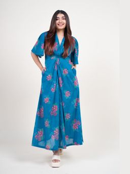 The Indian Ethnic Co. - Nitya Ink Blue Printed Mul A Line Dress