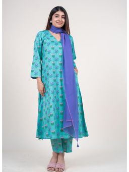 The Indian Ethnic Co. - Reva Mint Blue Printed Mul A Line Kurta With Hand Embroidery