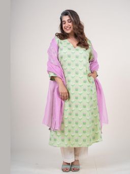 The Indian Ethnic Co. - Reva Mint Green Printed Mul A Line Kurta With Hand Embroidery