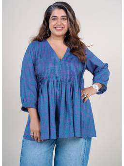 The Indian Ethnic Co. - Hiral Blue Printed Mul A Line Short Tunic Top