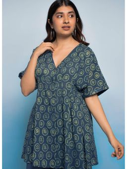 The Indian Ethnic Co. - Stuti Teal Blue Dabu Mul Cotton A Line Short Tunic Top