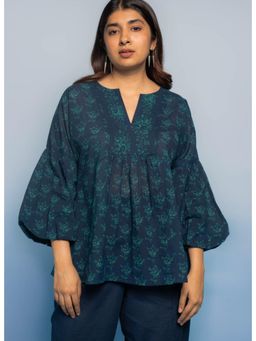 The Indian Ethnic Co. - Aafiya Blue Dabu Mul Cotton A Line Short Tunic Top