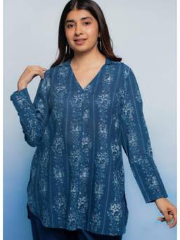 The Indian Ethnic Co. - Zohal Blue Dabu Mul Cotton Straight Short Tunic Top