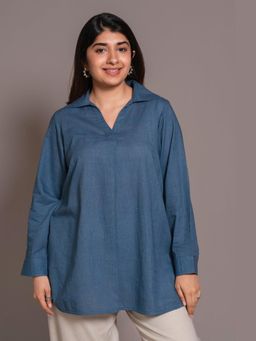 The Indian Ethnic Co. - Blue Solid Slub Cotton Straight Short Top