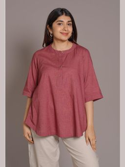 The Indian Ethnic Co. - Red Solid Slub Cotton A-Line Short Top