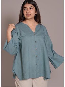 The Indian Ethnic Co. - Blue Solid Slub Cotton Short Top