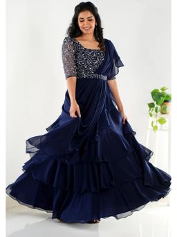 Fiorebymalar - Navy Blue Layered Choli With Lehenga And Dupatta With Belt