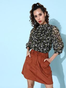 ANVI Be Yourself - Olive Green Chiffon Regular Top