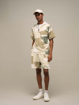 Mufti - Off White Abstract Relaxed Shorts