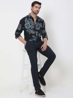 Mufti - Navy Blue Solid Slim Trouser