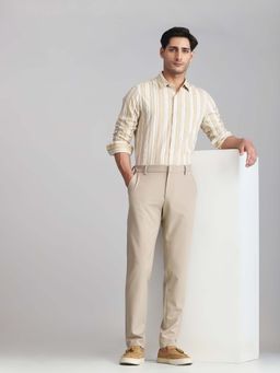 Mufti - Beige Solid Slim Trouser