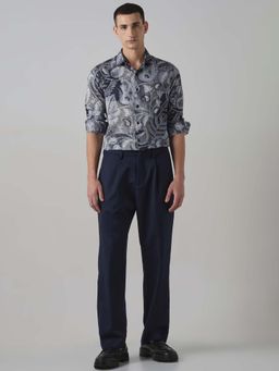 Mufti - Navy Blue Solid Loose Trouser