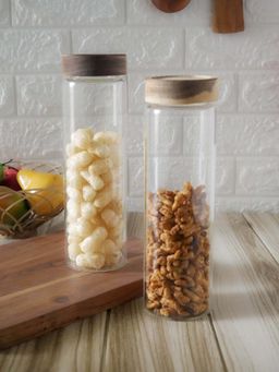 Femora - Borosilicate Glass with Wooden Lid Air Tight Jar, 950 Ml, (Pack Of 2)