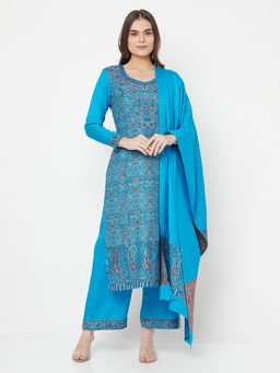 Safaa - Women Winter Wear Rayon Acro Wool Kurta And Palazzo Unstitched Material With Dupatta-Blue