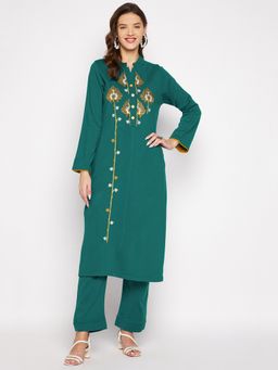 ZIGO - Womens Blue Embroidered Full Sleeve Kurta Pants (Set of 2)