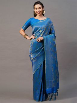Odette - Teal Blue Festive Silk Blend Woven Design Saree with Unstitched Blouse