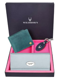 WILDHORN - Premium Leather Ladies Wallet, Mens Wallet and Keychain Gift -1K_EBL_2052BLH_K (Set of 3)