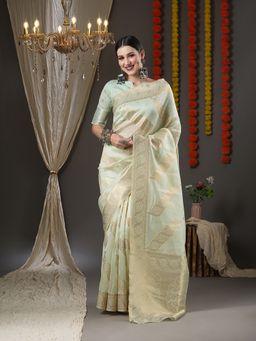 Akhilam - Womens Organza Sea Green Woven Design Designer Saree with Unstitched Blouse