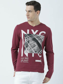 Huetrap - Mens Wine Full Sleeves V Neck T-shirt