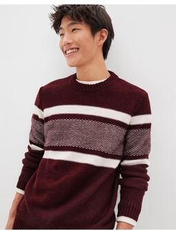 American Eagle - Men Maroon Super Soft Striped Crew Neck Sweater
