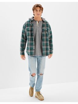 American Eagle - Men Green Super Soft Hooded Flannel Shirt
