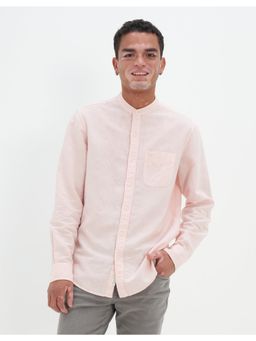 American Eagle - Men Pink Band Collar Linen Button Up Shirt