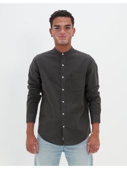 American Eagle - Men Grey Band Collar Linen Button-Up Shirt