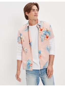 American Eagle - Men Pink Tropical Button Up Resort Shirt