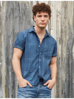 American Eagle - Men Navy Blue Plaid Button-Up Resort Shirt